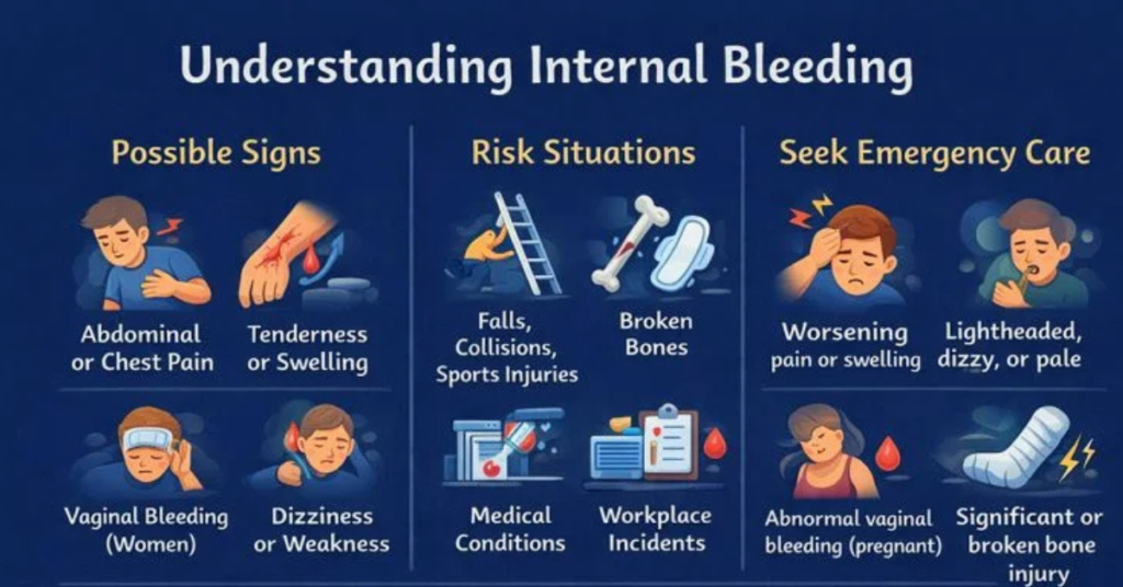 Inner Bleeding Symptoms:
Inner Bleeding Symptoms can be difficult to recognize because internal bleeding happens inside the body rather than through the skin
